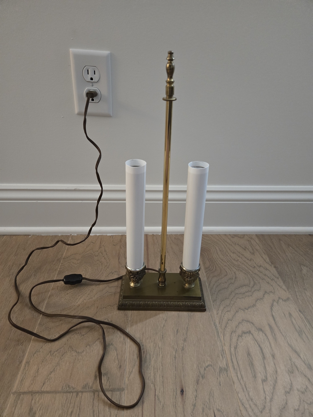 Vintage Brass Double Candle Lamp with White Sleeves